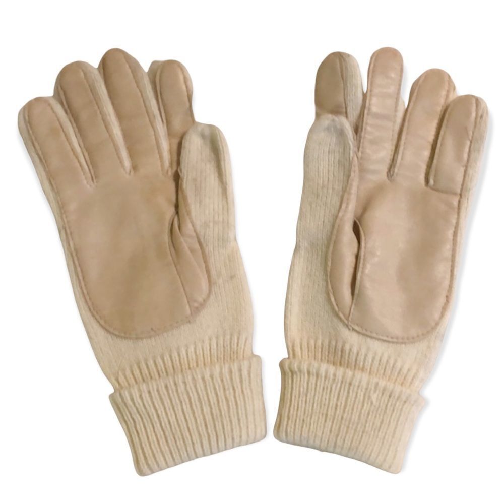 Ladies Vintage Knit Gloves Faux Leather Palms